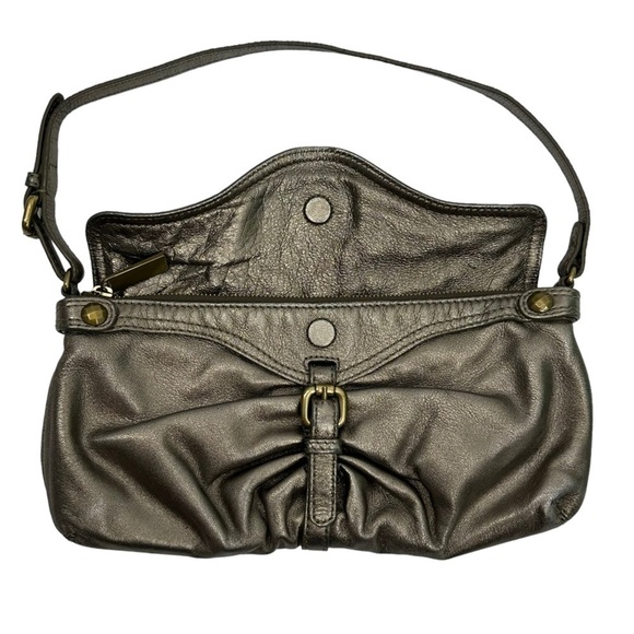 KOOBA Olivia Buttery Metallic Pleated Leather Flap Front Pewter Y2K Baguette Bag - Picture 5 of 9